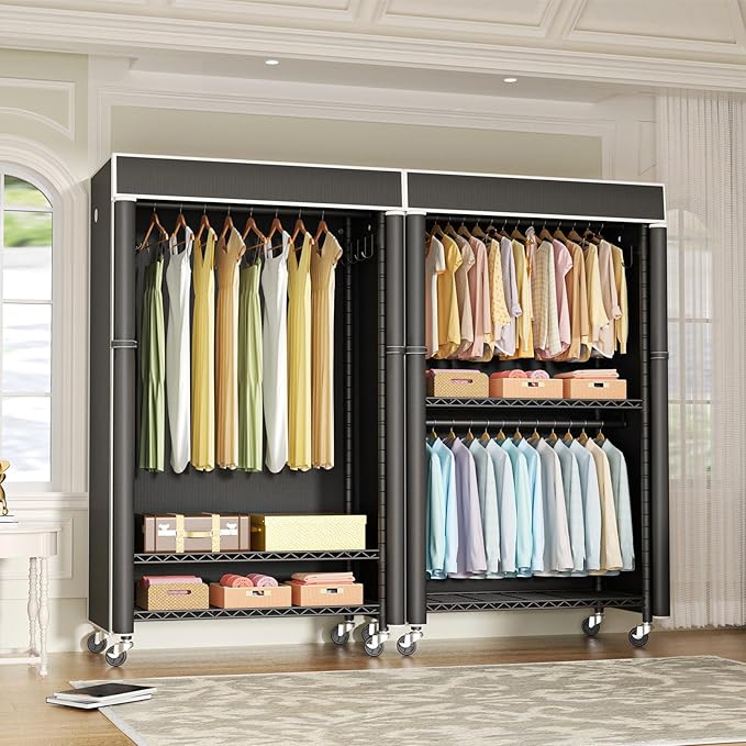 Clothing Rack with Cover, P1C Rolling Closets with Wheels, Metal Garment Rack for Hanging Clothes, Clothing Storage Wardrobe with Cover, 36.2" W x 16.5" D x 80.5" H, Black, Load 450 Pounds