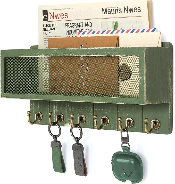 Rebee Vision Key Holder Wall Mount with Mail Basket for Room Decor, Green | Pine Wood, Key Holder for Wall, 6 Sturdy Hooks, Wooden Letter Storage, Apartment Essential, Space-Saving Home Organization