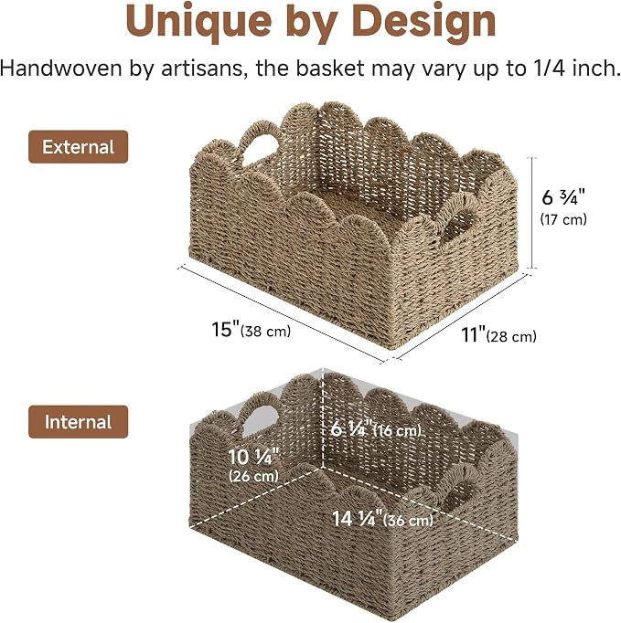 StorageWorks Scalloped Seagrass Baskets, Hand-woven Rattan Baskets with Built-in Handles, Cute Baby Basket for Nursery, Basket for Organizing and Decor, 15"L x 11"W x 6¾"H