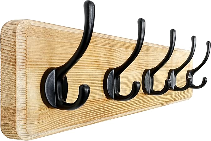 Coat Rack Wall: Patented, Heavy-Duty, 5-Double-Hooks Wooden Wall Mounted Coat Rack Coat Hanger Hook Rail for Winter Coats Hat Jacket Clothing, Light Brown