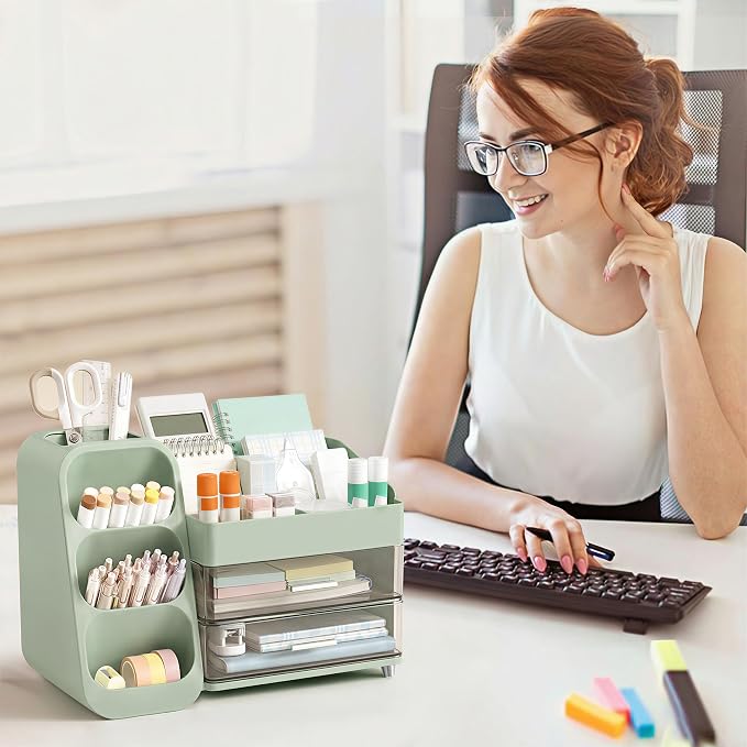 HBlife Desk Organizer with Pen Pencil Holder for Desk, Pen Organizer with 2 Drawers, Desk Organizers and Accessories with 4 Compartments, Desktop Storage for Office Home School Art Supplies, Green