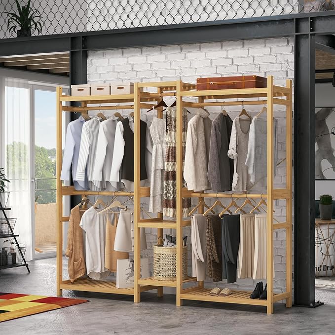 Bamboo Closet System Clothes Rack, Large Freestanding Garment Rack Clothing Rack for Hanging Clothes with 7 Storage Shelves and 5 Rods, Open Wardrobe Organizer with 4 Hooks, Natural