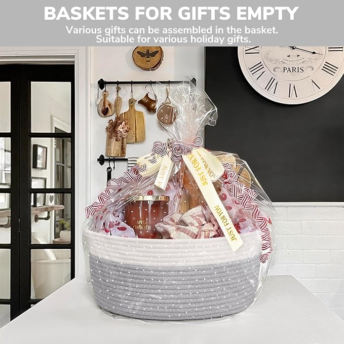 CHICVITA Large Rope Gift Basket Empty with Bags & Ribbon to Fill, Grey | 13.6"x 10" x 6" Woven Gift Basket Empty to Fill for Holiday, Rope Baskets for Organizing, Birthday Basket, Dog Toy Basket