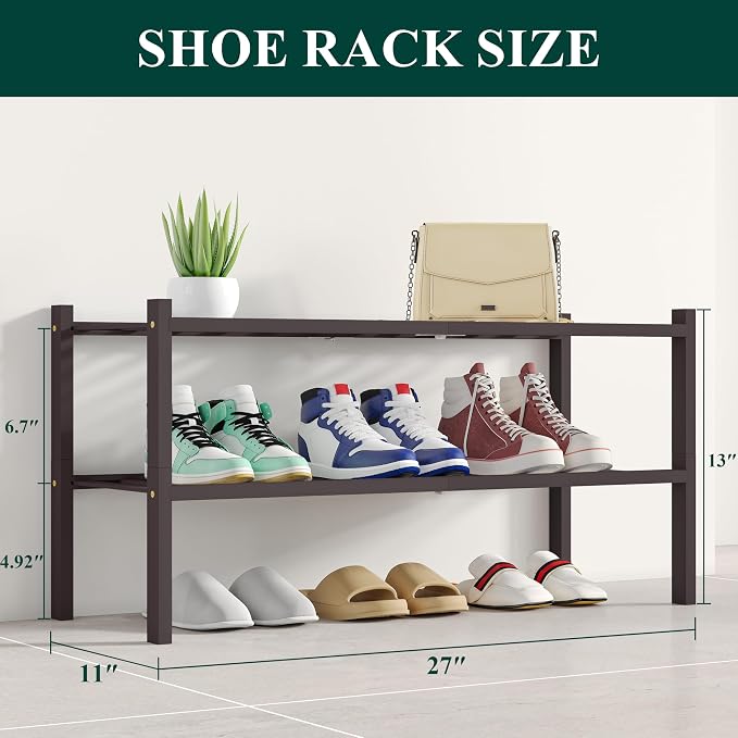 Smiry Bamboo Shoe Rack, 12 Vertical Slats, 2 Tier - 26.8" Wide, Brown | Stackable Free Standing Wooden Shoe Organizer, Wood Shoe Storage Shelf for Closet, Entryway