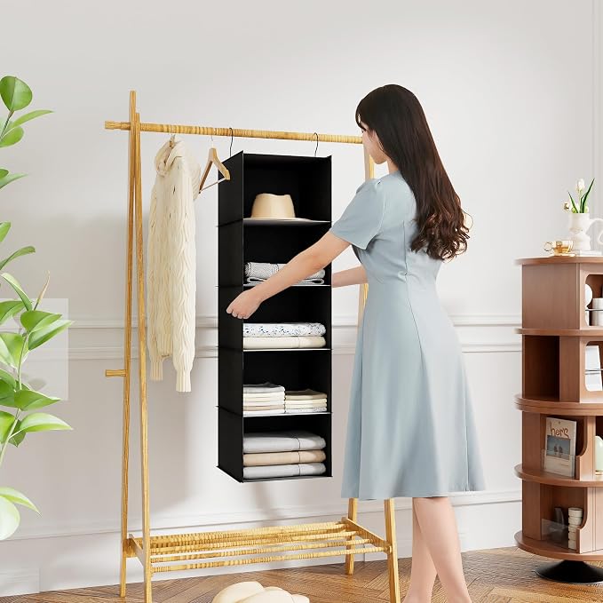 Hanging Closet Organizer 5-Shelf, Oxford Fabric Wardrobe Storage, Black | Easy-mount foldable design holds clothes, handbags, shoes & accessories; washable Oxford fabric, sturdy and space-saving.