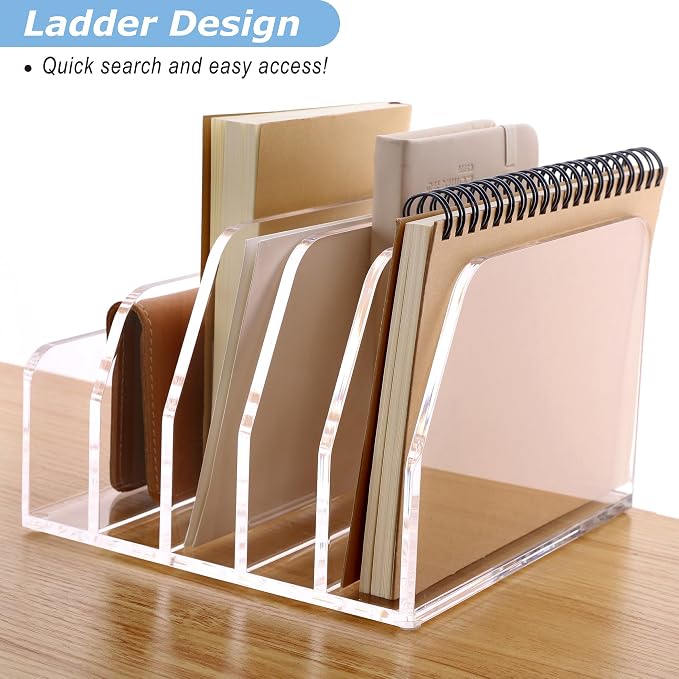 SANRUI Acrylic Bill Letter Organizer Holder for Desk, Clear 5 Compartments | Laddered Mail Sorters, Multifunction Desktop Envelope Folder Racks Document Holders for Office, Home, School