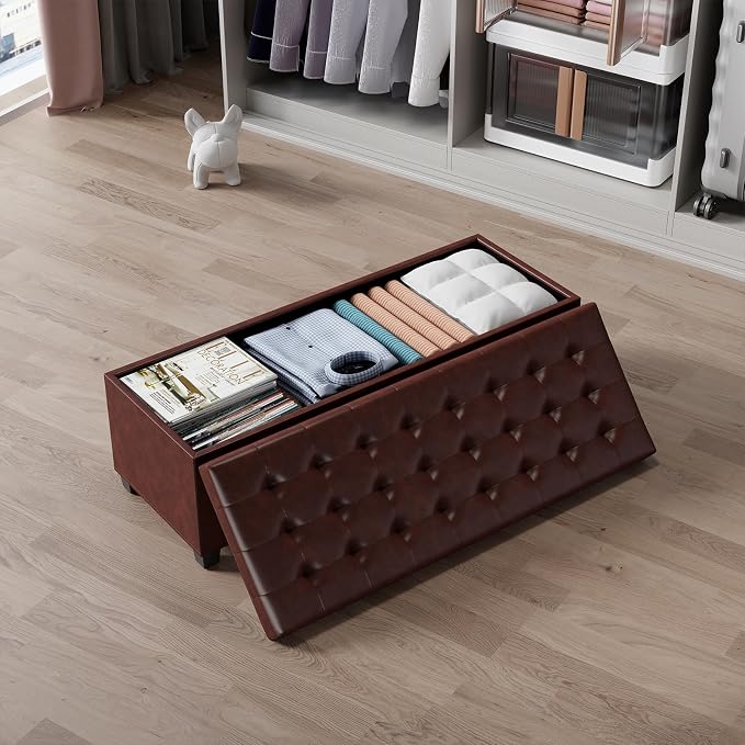 ABHENG Synthetic Leather Metal Frame Storage Ottoman Bench end of Bed Bench with Legs 43.5”W x 15.7”D x 15.7”H Hold up to 770 LB Large Storage Chest Brown UASND624R