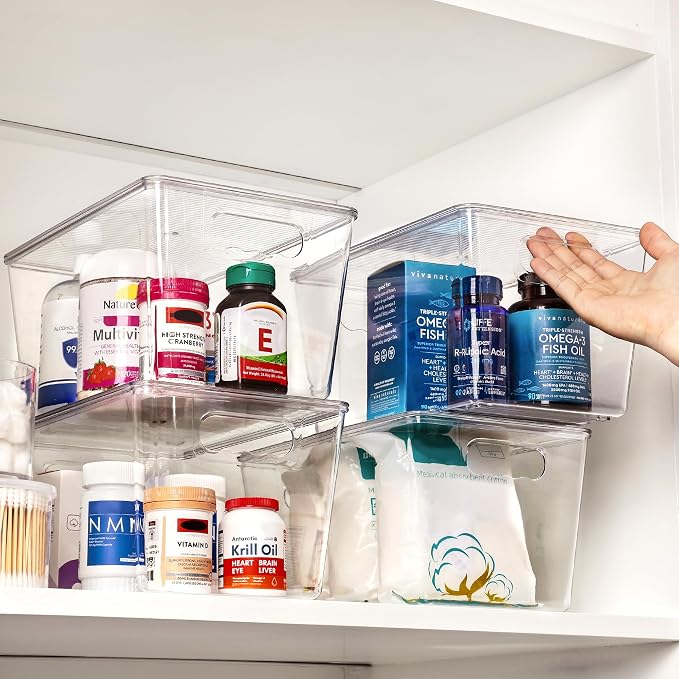 Vtopmart 4 Pack Clear Stackable Storage Bins with Lids, Large | BPA-free Plastic, Organize Vertically, For Pantry Kitchen Fridge Cabinet Closet Bathroom, Built to Last, Easy to Move