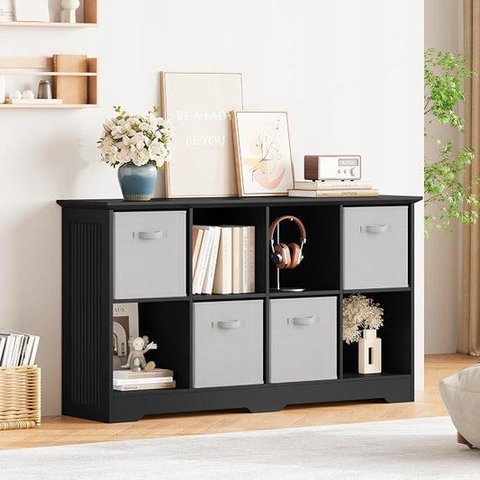 8 Cube Storage Organizer Shelf, Wood Cubby Storage with 4 Fabric Drawers | 2 Tier Wooden Bookshelf with 2 Adjustable Shelves, Fluted Side Panels Bookcase for Bedroom, Living Room, Home Office, Black