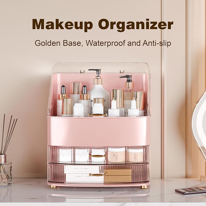 Makeup Organizer Countertop Vanity with Transparent Lid Drawers Waterproof Dustproof Cosmetic Skincare Bathroom Storage Gift for Women Teens Girls (Pink)