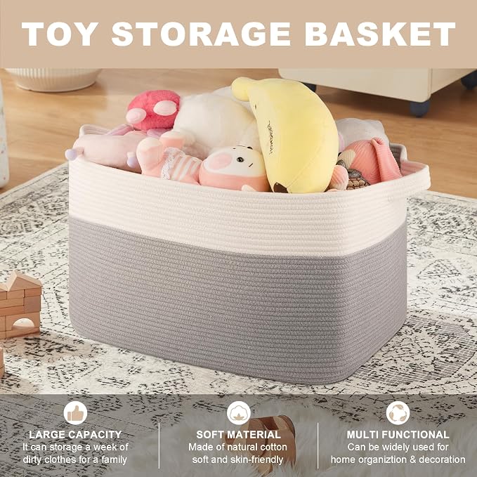 Extra Large Laundry Basket, 95L Blanket Basket for Living Room, Cotton Rope Toy Storage for Kids, Woven Baskets for Clothes, Towels, Pillows, 24" x 17" x 14", Grey and White