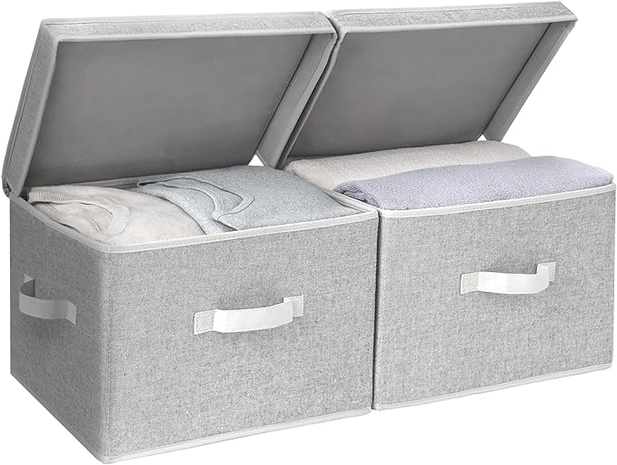 StorageWorks Fabric Storage Bins with Lids, Large Closet Storage Bins | Flip-Top Lid, 3 Handles, Collapsible, Stackable, for Clothes Blankets, Multi-Purpose, Large, Gray, 2-Pack