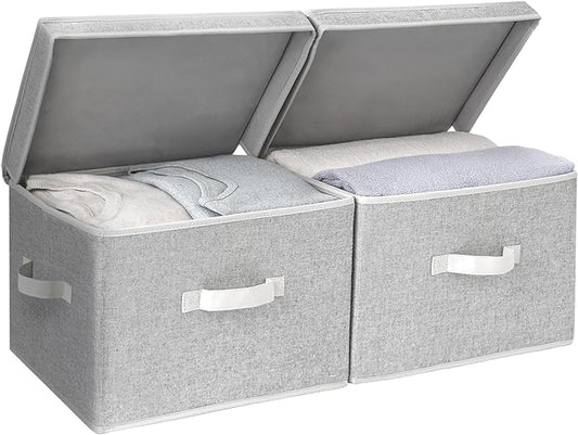 StorageWorks Fabric Storage Bins with Lids, Large Closet Storage Bins | Flip-Top Lid, 3 Handles, Collapsible, Stackable, for Clothes Blankets, Multi-Purpose, Large, Gray, 2-Pack