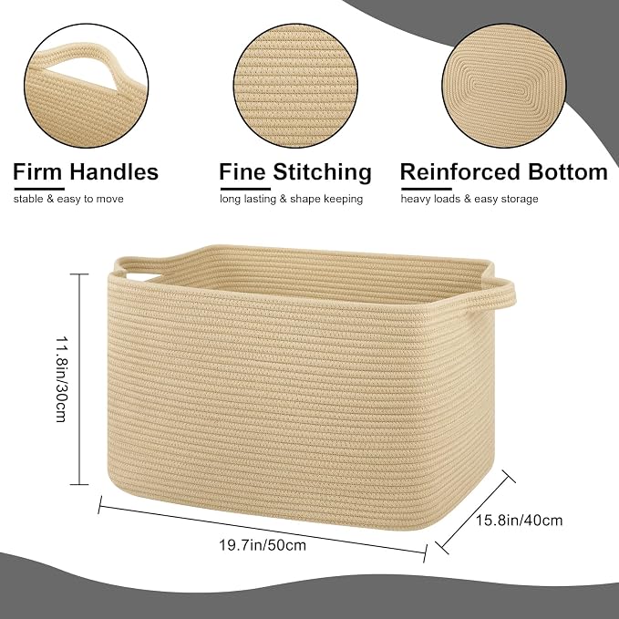 OIASKET Large Blanket Basket, Jute Blanket Storage Living Room, Rectangle Woven Baskets for Storage Toys, Towels, Dirty Clothes Organizer Bins (Jute)