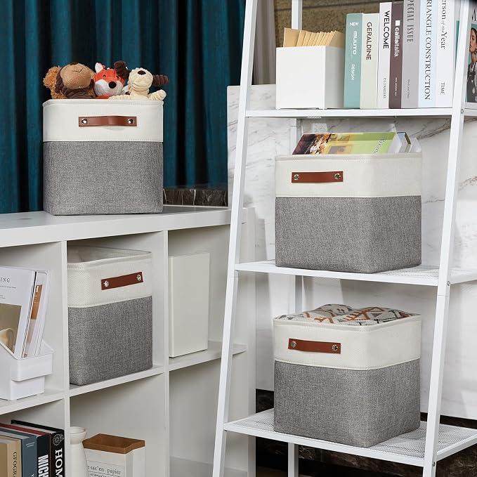 DULLEMELO 11 Inch Cube Storage Bins (Set of 4), Fabric Storage Baskets for Standard Cube Organizers, High-Capacity Collapsible Bins with PU Leather Handles for Closet, Nursery, and Shelves-White&Grey