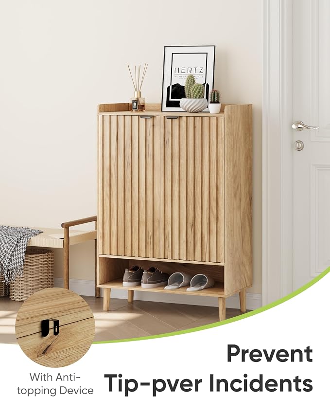 Shoe Cabinet, Large 6-Tier Shoe Storage Cabinet with Fluted 2 Doors, 44" Tall Freestanding Entryway Shoe Cabinet with Adjustable Shelves, Modern Shoe Organizer Cabinet, Shoe Rack Cabinet ( Oak)