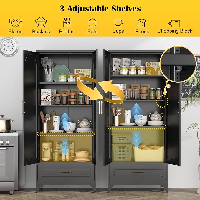 SteeLoong 75” Kitchen Pantry Cabinet, Metal Storage Cabinet with Drawer | Black Pantry Cabinets for Kitchen Storage with 3 Adjustable Shelves,Tall Freestanding Cupboard for Living Room,Kitchen,Garage