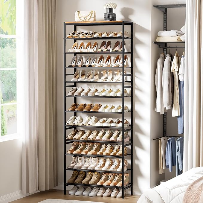 12 Tier Metal Shoe Rack with Wood Top, 40-48 Pairs Rustic Brown | Tallest 77.5in for maximum storage. 3 iron sheets for heels. Removable layer fits tall boots. Display top.