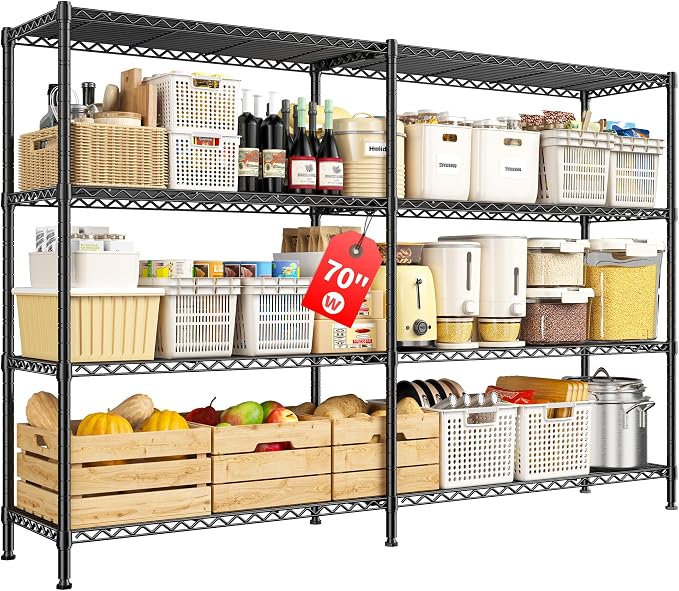 REIBII Metal Shelving, 70" W Space Saving&1240LBS Heavy Duty for Kitchen | Adjustable Metal Shelving, 4-Tier Freestanding, Powder Coated Moisture Resistant, Anti-Tipping Device, Leveling feet