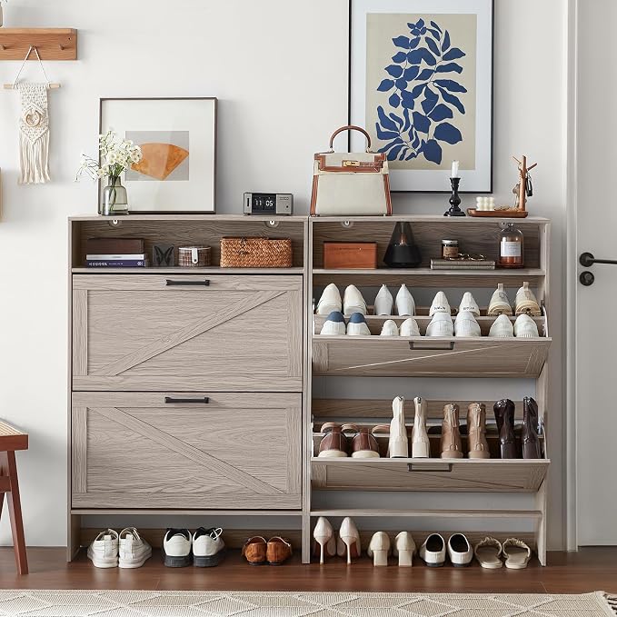 RWYHG Shoe Cabinet Storage for Entryway with 2 Flip Drawers | Open Storage Layer Rack Narrow Organizer Slim Hidden Wood Shoe Cabinet Furniture