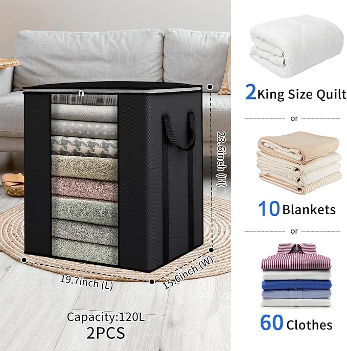 Blanket Storage Bags 120L for Comforter Clothes Bedding 2 Pack Black | Breathable 100 gsm Fabric, Clear PVC Window, Heavy-Duty Metal Zipper, 2 Reinforced Handles, Foldable for Closet Storage