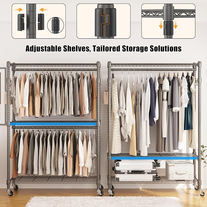 BATHWA Clothes Racks for Hanging Clothes, 35.5" W x 16.5" D x 80.7" H, Rolling Tall Heavy Duty Wardrobe Rack with Shelves & Wheels Metal Freestanding Multifuctional for Bedroom Laundry balcony, Grey