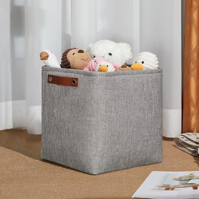 DULLEMELO 11 inch Cube Stroage Bins 4 Pack Small Grey Square Storage Baskets Cube Organizer, Linen Closet Organizers and Storage Baskets for Shelves Bedroom Storage