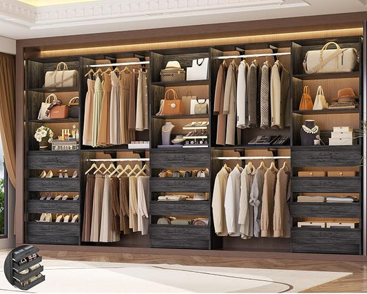 Aheaplus Closet System Set of 3, 138.5" Wood Closet Organizer System Tower with 12 Drawers & 4 Hanging Rods, 6.7+4.85Ft L Shaped Walk-in Closets Wardrobe Organizer Garment Rack with Shelf, Black Oak3