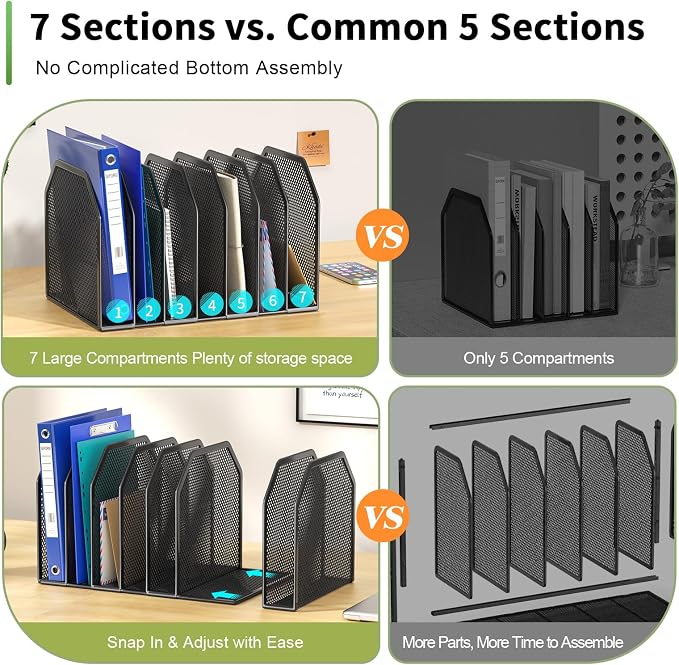 FANXIYQ Black 7-Section File Folder Organizer for Desk, Metal Vertical File Holder Stand, Desktop File Organizer Rack for Letter/A4 Folders, Papers, Books, Office Classroom Home