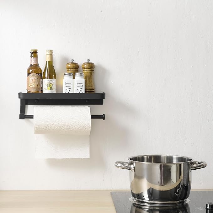 JOOM Hand Towel Holder for Bathroom -Paper Towel Holder Wall Mount - for Bathroom Black Paper Towel Holder with Shelf -Kitchen Towel Holder Black