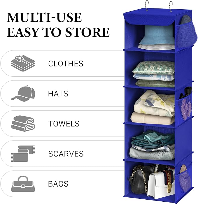 Simple Houseware 5 Shelf Hanging Closet Organizer, Dark Blue | 360° Rotating Dual Hooks, Top Support Metal Frame, 6 Side Mesh Pockets