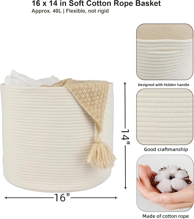 XUANGUO Cotton Rope Basket For Girls Boys Kids 16”X14” White | Baby Laundry Baskets, Blanket Basket, Nursery Bin; Round Woven Basket Organizer for Toy Storage, Blankets, Shoes and Clothes