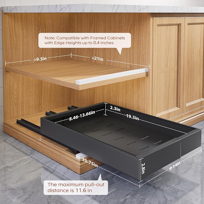 Seinloes 2 Pack Pull Out Cabinet Organizers 21" Deep With Raising Pad for Framed Cabinets, Expandable Width (9"-14") Slide Out Drawers Upgrade 3 Slide Rails, Roll Out Shelves Adhesive, Black