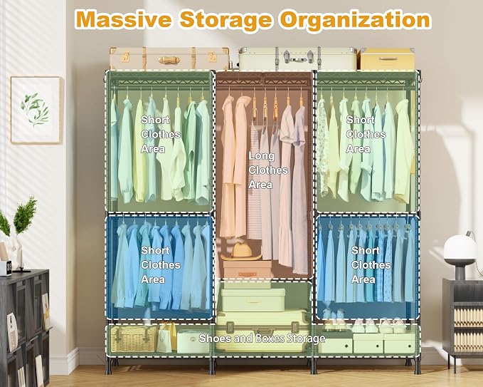 E14C Heavy Duty Closet Organizer System，Freestanding Clothing Racks for Hanging Clothes，Adjustable Garment Rack 58" W × 16" D × 77" H Hold 860 lbs，Black Rack with Black Dustproof Cover