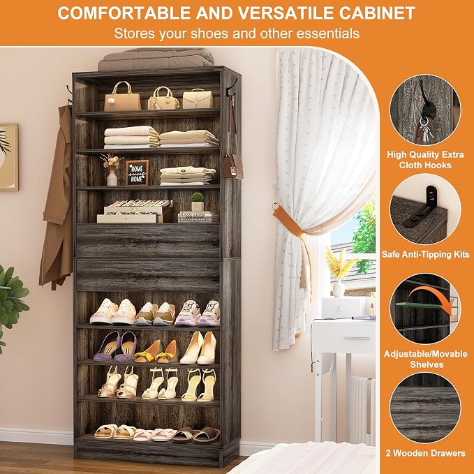Aheaplus Tall Shoe Cabinet, 10 Tiers Wood Shoe Rack, Vertical Shoe Storage Organizer with 2 Drawers, Narrow Shoe Shelf Tower for 24-28 Pairs, Space Saving, for Closet, Entryway, Bedroom, Black Oak