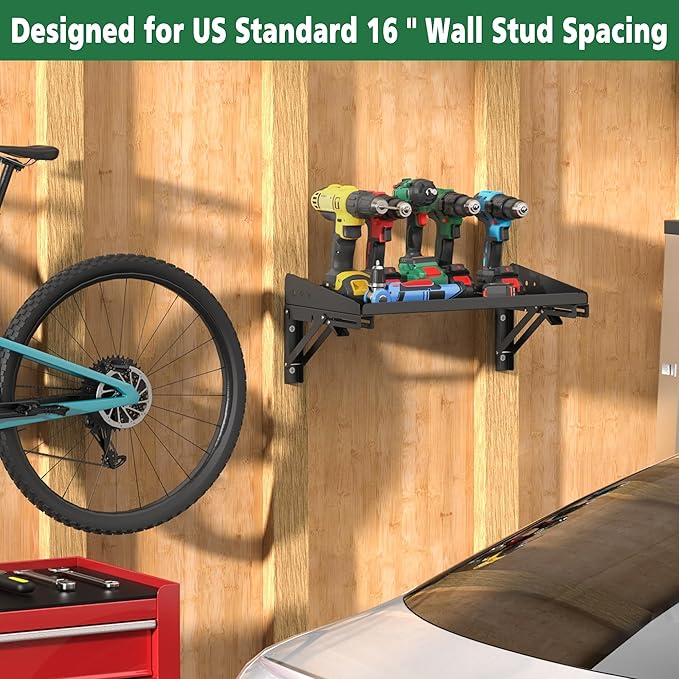ULIBERMAGNET Garage Folding Storage Rack Shelves,200LB Metal Wall Mounted Adjustable Rail Shelf for Garage,Power Tools,Toolbox,Storage Shelves with Lip for Workshop Kitchen Office (2 Pack)