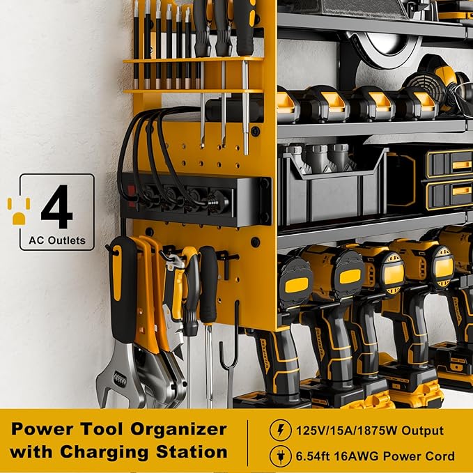 Power Tool Organizer Wall Mount, 12-Drill 4-Tier Charging Station, Yellow | Heavy-duty 4-Tier Metal Rack Stores 12 Drills; Side Pegboards and Screwdriver Slots Add Storage, Plus a 4-Outlet Power Strip