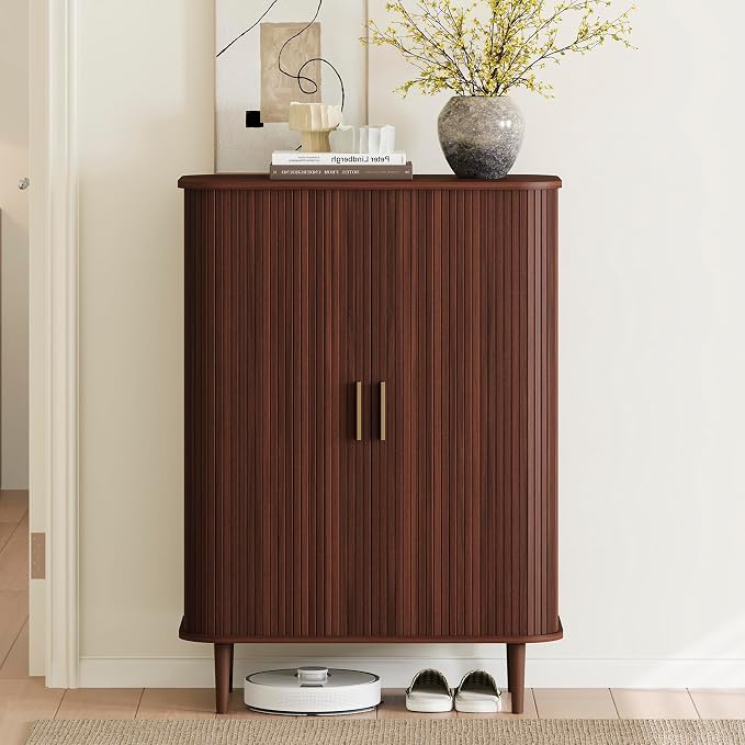 DHH Shoe Storage Cabinet with Sliding Door, 6-Tier Shoe Cabinet with Adjustable Shelves, Modern Freestanding Shoe Storage Organizer for Entryway, Hallway, Living Room (Walnut, 31.5 ")
