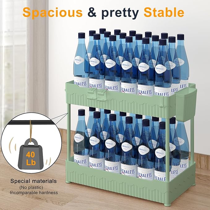 Sevenblue 2-Pack Under Sink Organizer with Hooks & Hanging Cup for Kitchen | Multi-use kitchen & bathroom storage, 14.8 inch green cabinet organizer, with hooks and hanging cup for easy access.