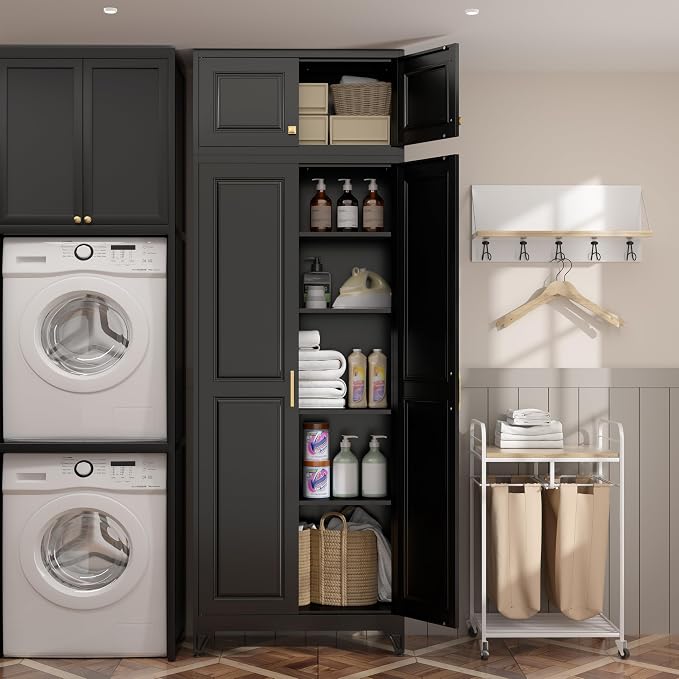 SteeLoong 90”Metal Pantry Storage Cabinet with Doors & 4 Adjustable Shelves | Kitchen Pantry Cabinet,Black Kitchen Cabinet with 4 Gold Handles,Tall Cabinet for Livingroom,Pantry, Bathroom,Kitchen,Garage