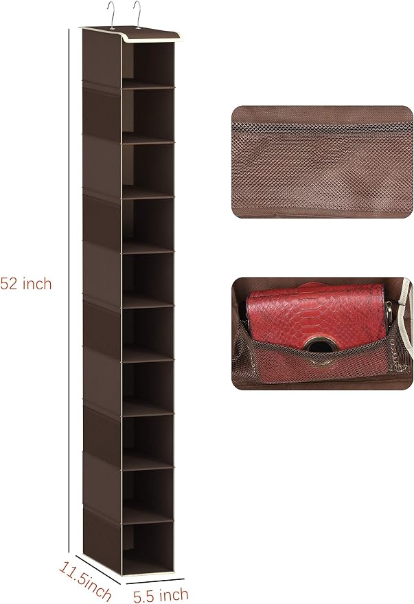 Libeder 10-Shelf Hanging Closet Shoe Organizers with Side Pockets, Coffee | Hanging Closet Organizer with Side Pockets for Wardrode,Dorm, Folding Shoe Racks, Space Saving Hanging Shelves with Hooks
