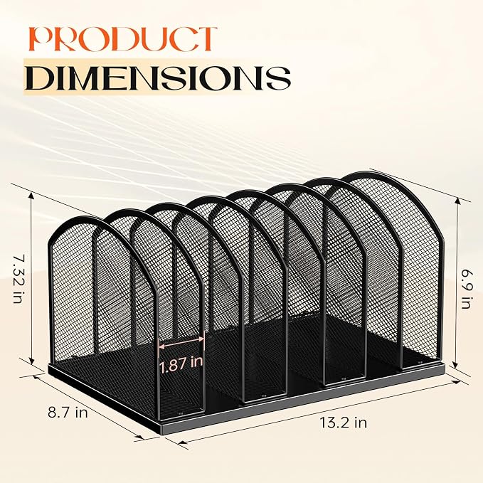2 Pack 7-Section Metal Upright File Sorter Organizer，Office Small Letter Sorter Desktop File Organizer Metal Mesh Iron Sole, Black