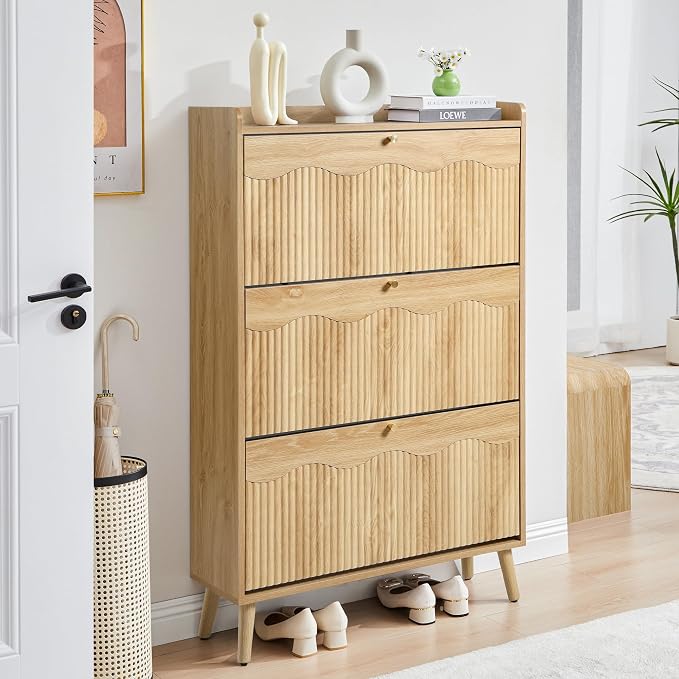 BERRYMERRY 51.2" Tall Shoe Storage Cabinet with 3 Flip Drawers for Entryway | narrow,entryway,adjustable feet,24 pairs shoe,shoe organize,hidden shoe rack,fluted panel,wave pattern,wood,space saving