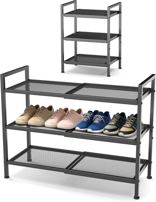 3 Tier Shoe Rack, Expandable Shoe Rack for Closet, Adjustable Shoe Organizer for Entryway, Shoe Storage Organizer for Door Entrance, Garage, Bedroom