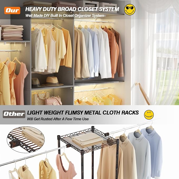 8FT Closet System with 3 Wooden Storage Shelves, 96'' Closet Organizer System with 3 Hanging Rods, Wall Mount Bedroom Wardrobe Walk-in Closet, Adjustable Garment Rack from 5 to 8FT (Cut to Fit), Grey