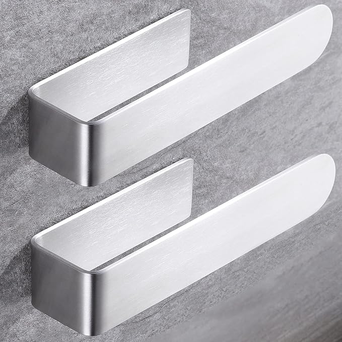 Taozun Adhesive Towel Bar Stainless Steel Hand Towel Holder 2 Pack Silver | Towel Rack, Easy to Install, No Drilling, Sturdy, Holds Well, Space Saver, for Bathroom/Bath/Kitchen/RV, Stick on Smooth Wall