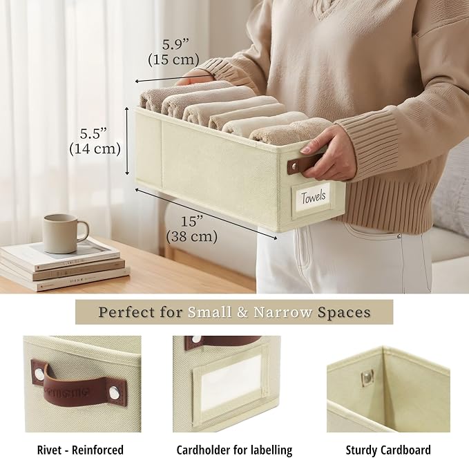DECOMOMO Narrow Storage Bins, Small Basket with Handles (Beige, 4 Pack) | 15 x 5.9 x 5.5 inches Storage Basket, Fabric Storage Bins with Labels