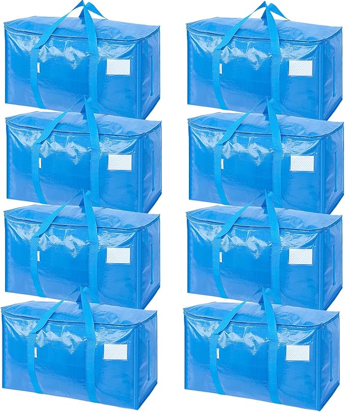 TICONN 8 Pack Extra Large Moving Bags Heavy Duty with Zippers & Carrying Handles, Durable Storage Bags Moving Boxes for Closet Organizers and Storage (8 Pack, Sky Blue)