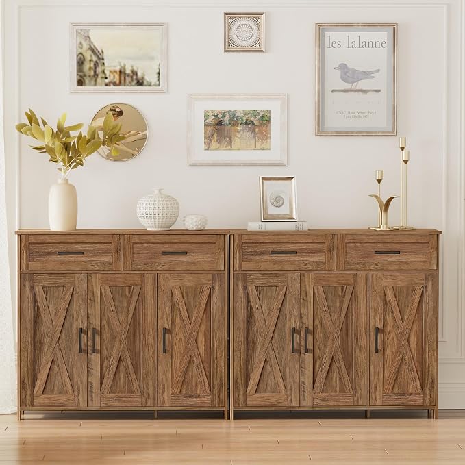 Homhedy Coffee Bar Storage Cabinet with Drawers, Kitchen Buffet Cabinet | Sideboard Cabinet with Doors, Farmhouse Buffet Cabinet, Adjustable Shelves, for Kitchen / Dining / Living Room, Rustic Walnut