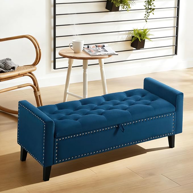 47in Velvet Storage Ottoman Bench with Arms, Upholstered Storage Bench with Wooden Legs, Storage Bench for Bedroom, Living Room, Entryway, Dark Blue